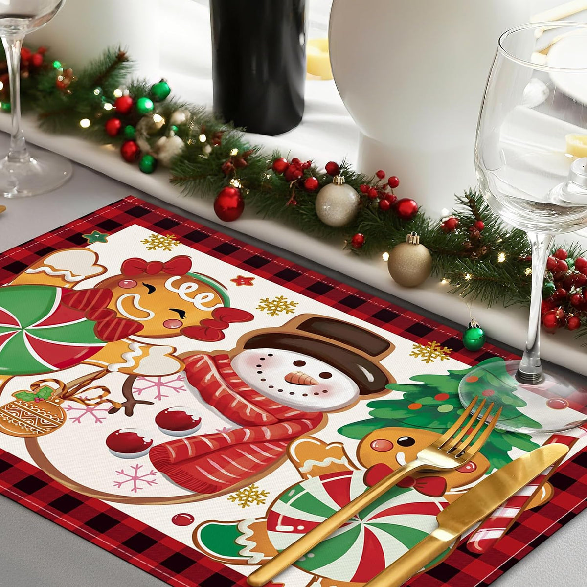 Bonhause Christmas Gingerbread Snowman Placemats Set of 4, 12x18 Inch