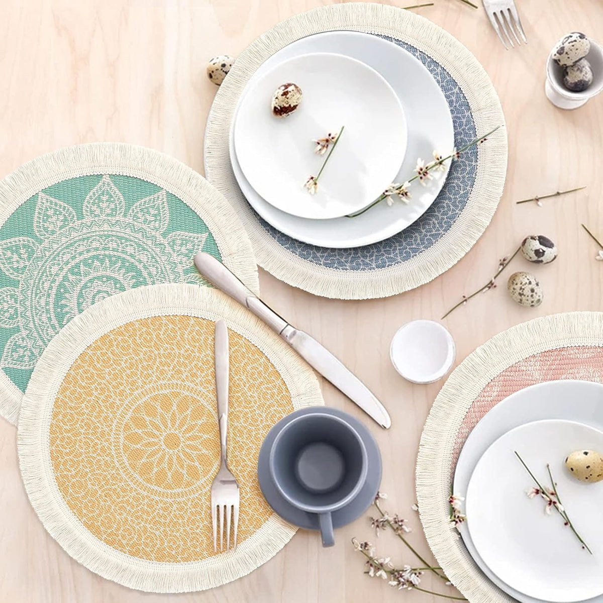 Set of 4 Round Placemats 13 Inch Cotton Woven Mandala Tassels Table Mats