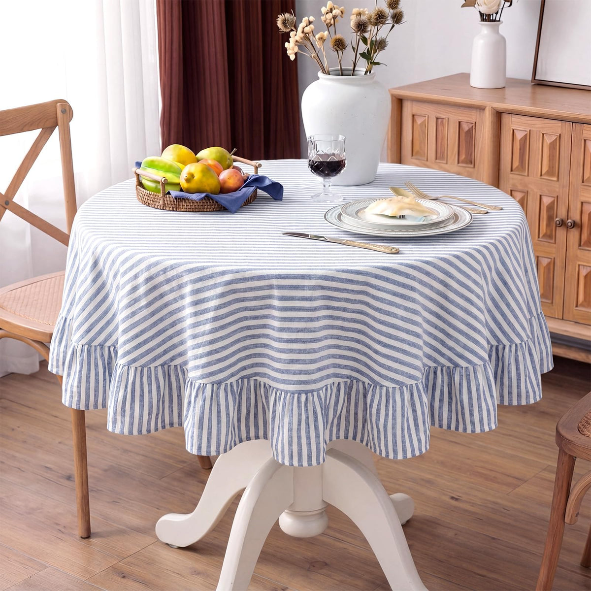 Boao Cotton Striped Tablecloth Rectangle 52" X 70" Blue White
