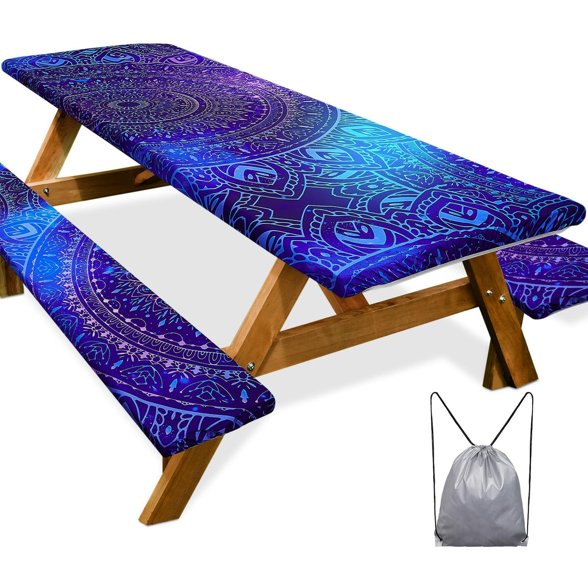 Picnic Table Cover with Bench Covers Camping Essentials Waterproof Windproof Camping Tablecloth with Drawstring Bag, Fitted Rectangle Tables and Seats, 72in, Bohemian
