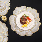 Gold Flower Placemats Set of 6, Metallic Pressed Vinyl Round Table Mats