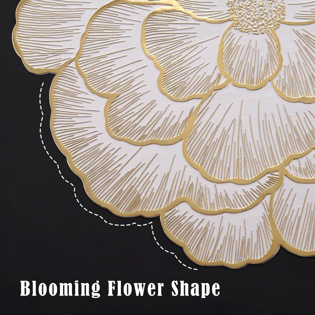 Gold Flower Placemats Set of 6, Metallic Pressed Vinyl Round Table Mats