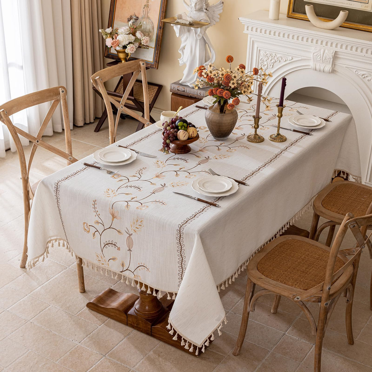 Joyfol Day Linen Waterproof Tablecloth with Tassels, Rustic Farmhouse Flowers Embroidery Table Cloths for Rectangle Tables, Heavy Weight Spill-Proof Table Covers, Coffee Florals, 55''x 120''