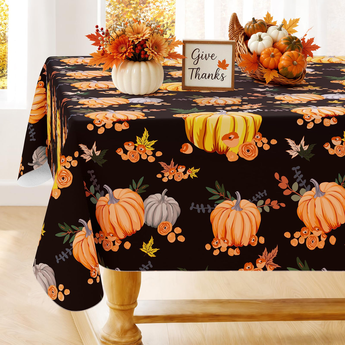 Smiry Fall Rectangle Table Cloth, Waterproof Vinyl Tablecloth with Flannel Backing, Wipeable Autumn Pumpkin Plastic Tablecloths for Harvest and Thanksgiving Parties, (Orange, 60"x84")