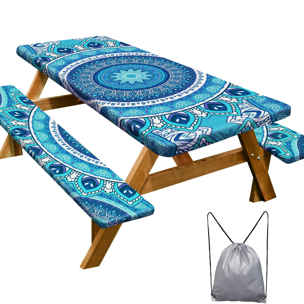 Picnic Table Cover with Bench Covers Camping Essentials Waterproof Windproof Camping Tablecloth with Drawstring Bag, Fitted Rectangle Tables and Seats, 72in, Bohemian