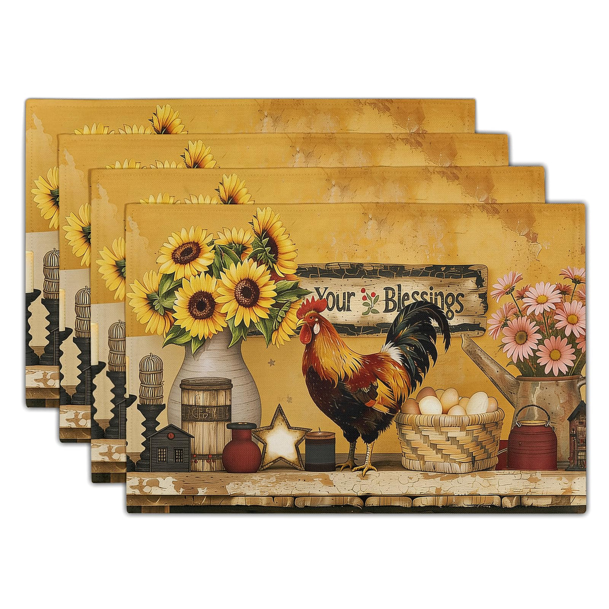 Giwawa Boho Ethnic Placemats Set of 4 Vintage Orange Brown Retro Flower Decorative Linen Table Place Mats 12"x18" Rustic Country Style Floral Place Mats Heat Resistance for Kitchen Dining Farmhouse