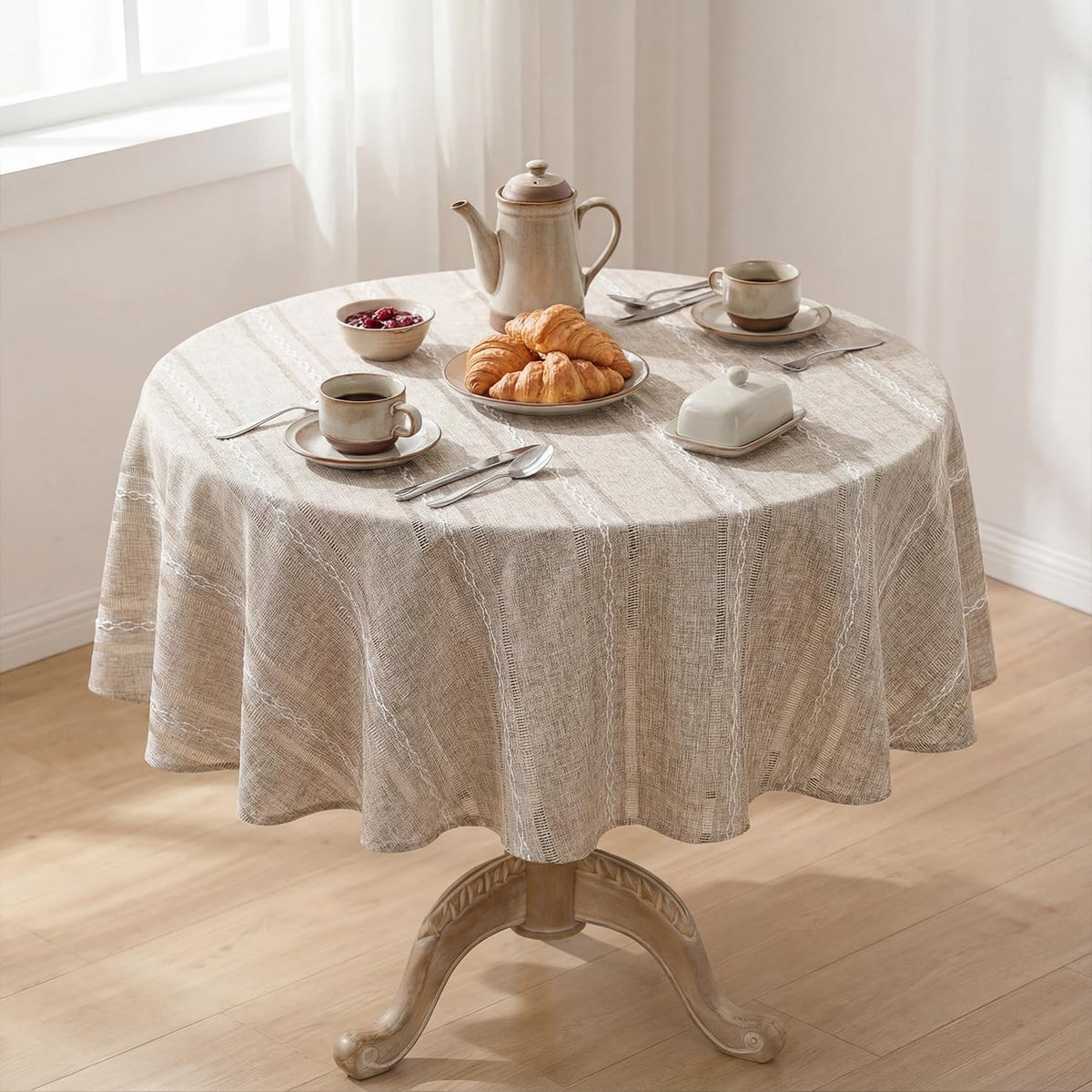 Horaldaily Light Coffee Round Tablecloth, 60×60 Inch, Farmhouse Style