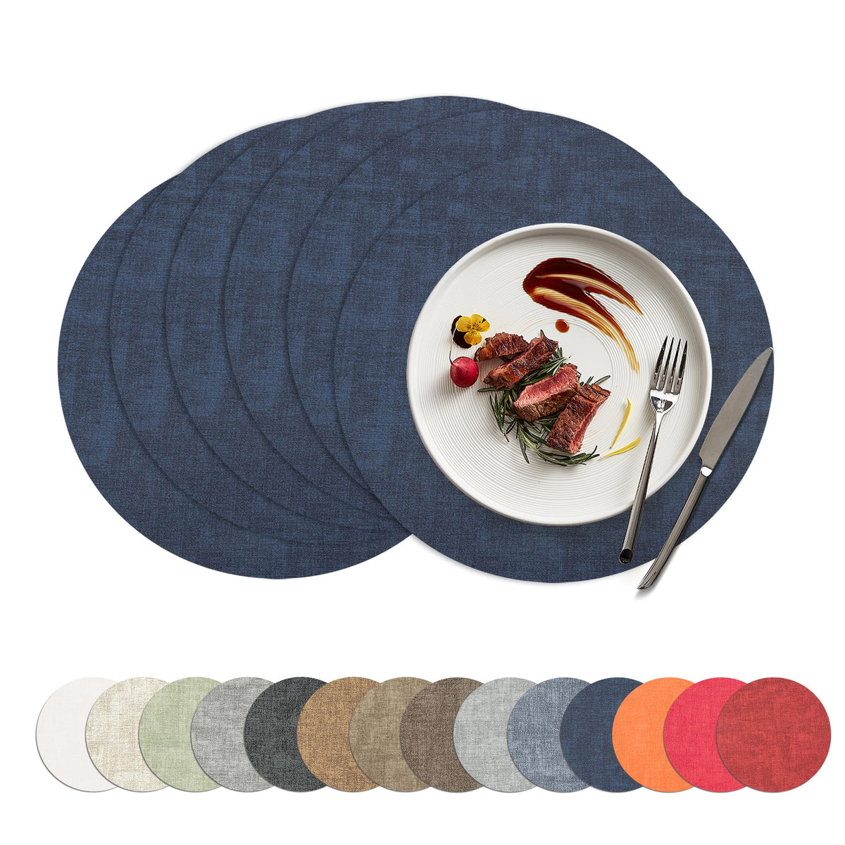 Placemats Set of 4, 15 Inch Round Faux Leather Place Mats