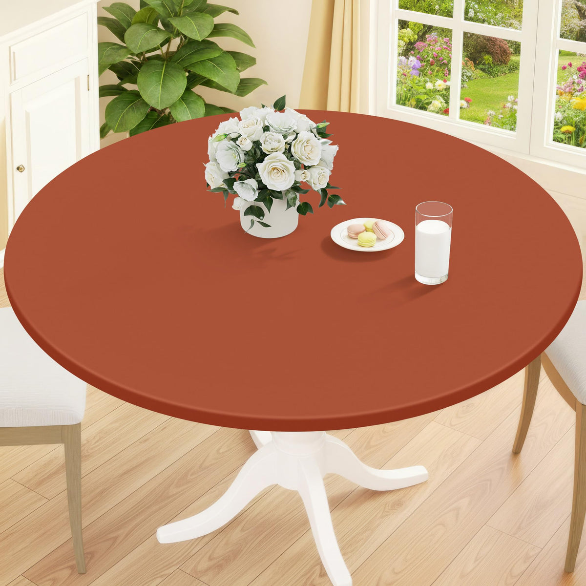 Smiry Round Picnic Tablecloth, Waterproof Elastic Fitted Table Covers for 45" - 56" Tables, Wipeable Flannel Backed Vinyl Tablecloths for Camping, Indoor, Outdoor, Brown