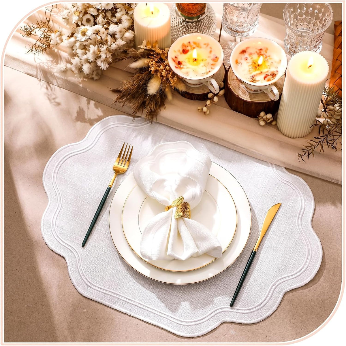 Breling 6 Pcs White Cotton Scalloped Placemats Embroidered Table Mats