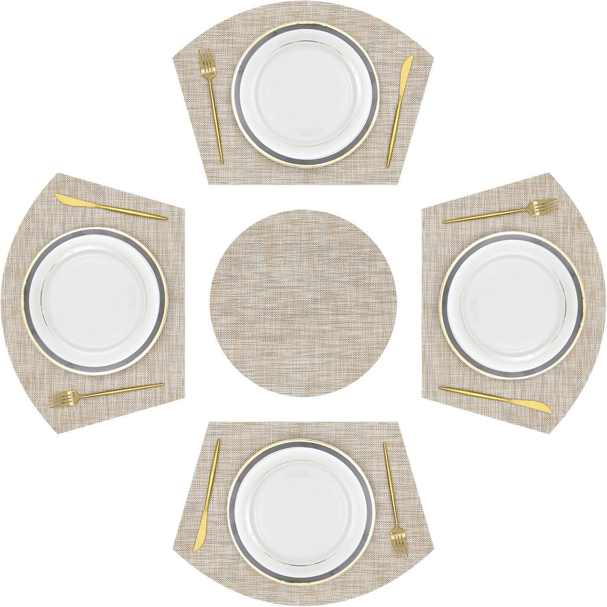 SHACOS Large Size Wedge Shape Placemats with Centerpiece Round Mat Set of 5 Round Table Place Mats Washable Dining Table Placemats Reversible, Beige