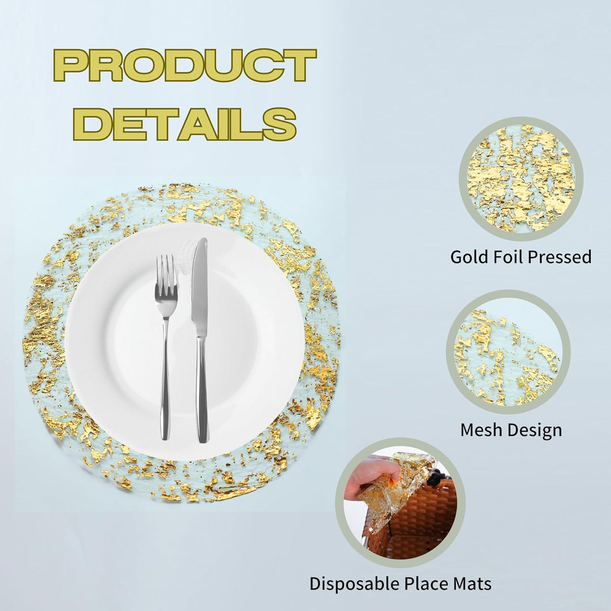 Snowkingdom Gold Placemats Set of 24 Round 13 Inch Foil Mesh Pressed Fall Disposable Table Mates 24 Pack Gold Doilies for Dining Table Wedding Birthday Party Holiday Home Decoration