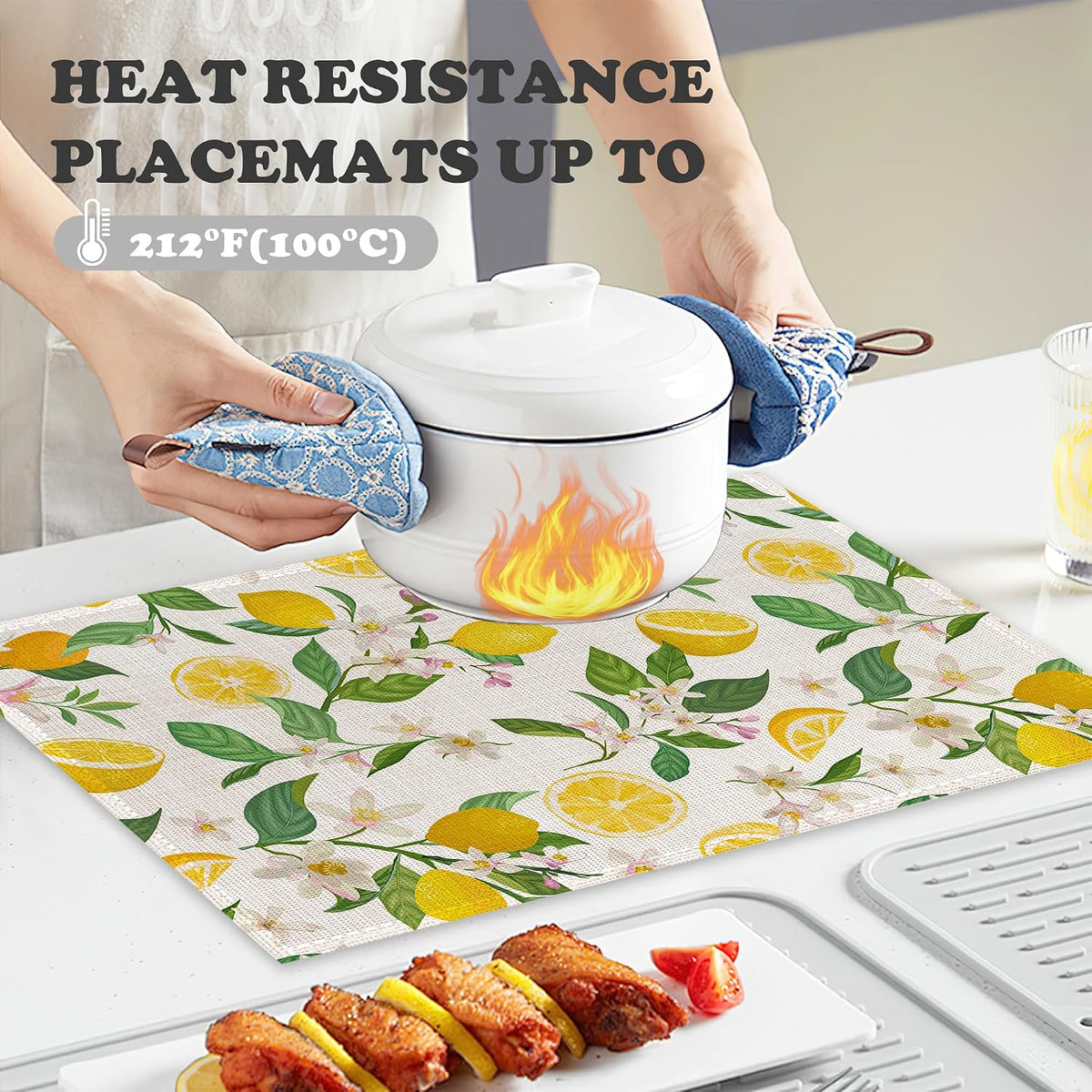 Lemon Placemats for Dining Table Set of 6,Summer Flower Leaves Place Mats for Home Party Kitchen Indoor Holiday Rustic Washable Heat Resistant Table Mats 12 x 18 Inch