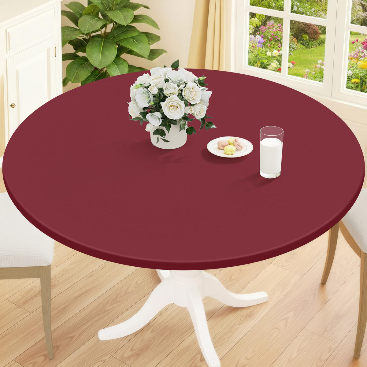 Smiry Round Picnic Tablecloth, Waterproof Elastic Fitted Table Covers for 45" - 56" Tables, Wipeable Flannel Backed Vinyl Tablecloths for Camping, Indoor, Outdoor, Brown