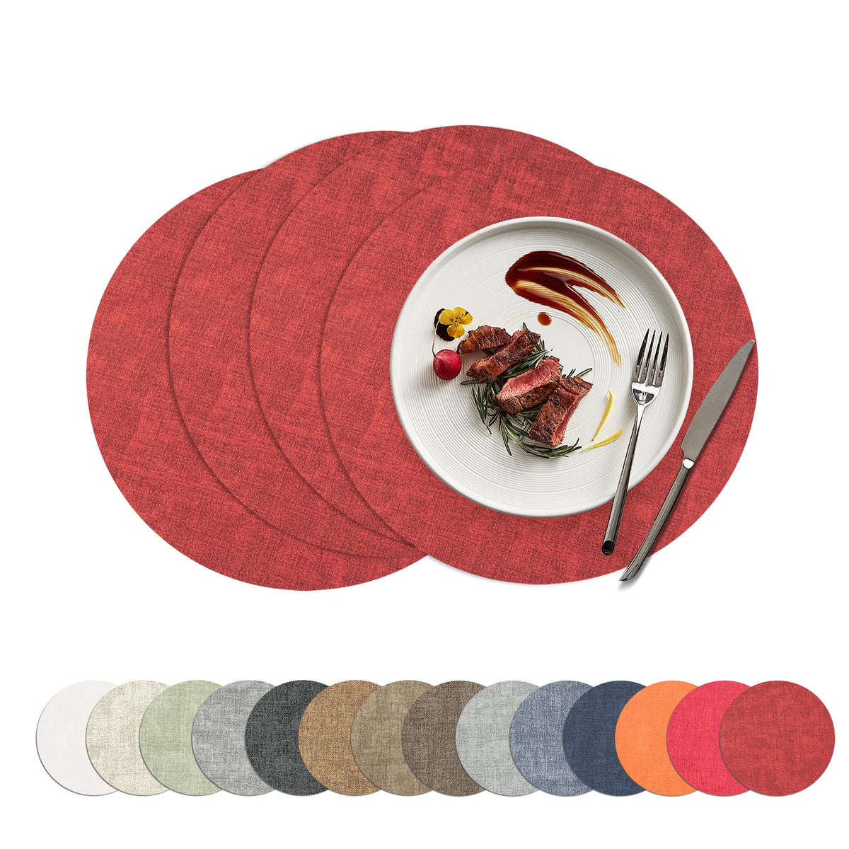 Placemats Set of 4, 15 Inch Round Faux Leather Place Mats