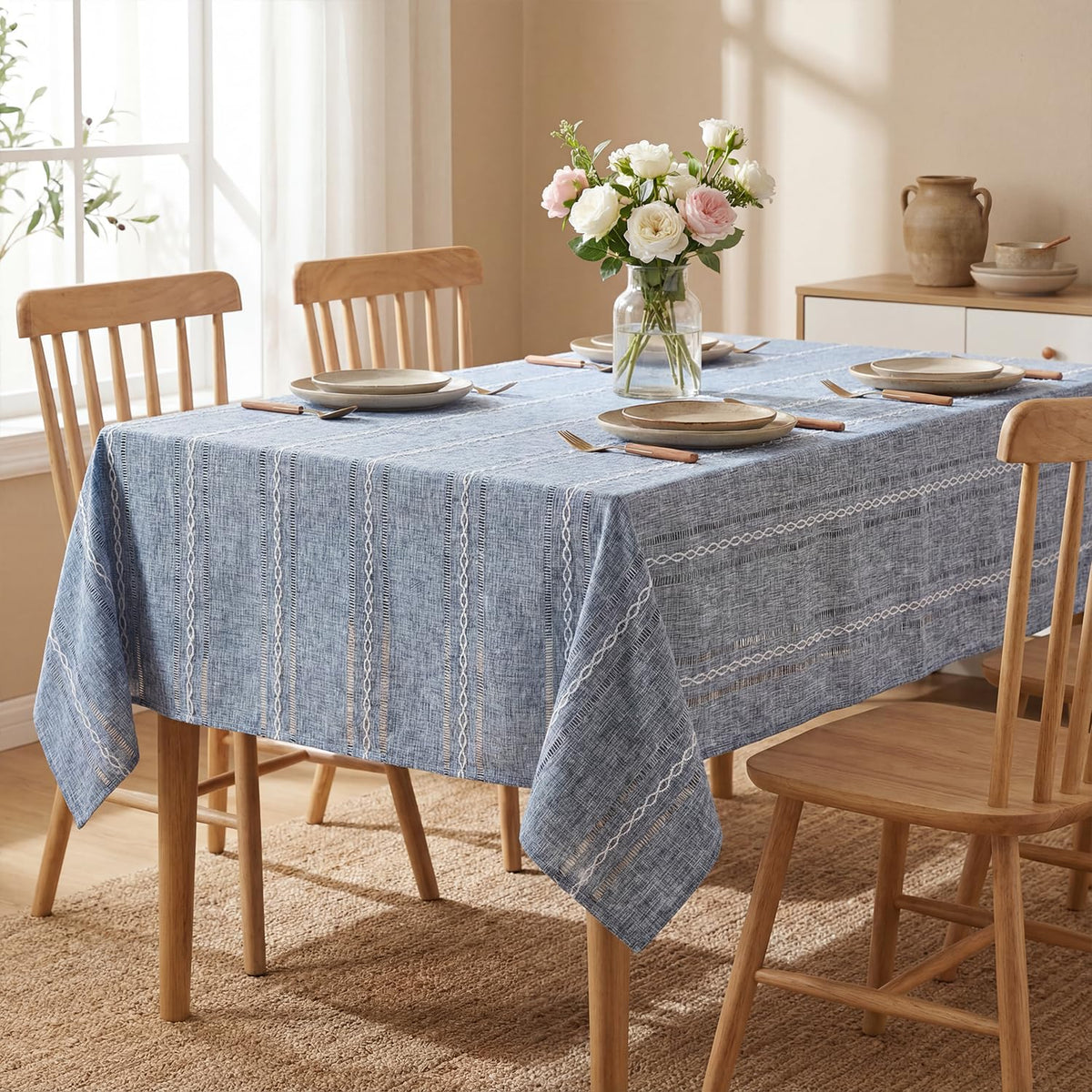 Horaldaily Light Coffee Round Tablecloth, 60×60 Inch, Farmhouse Style