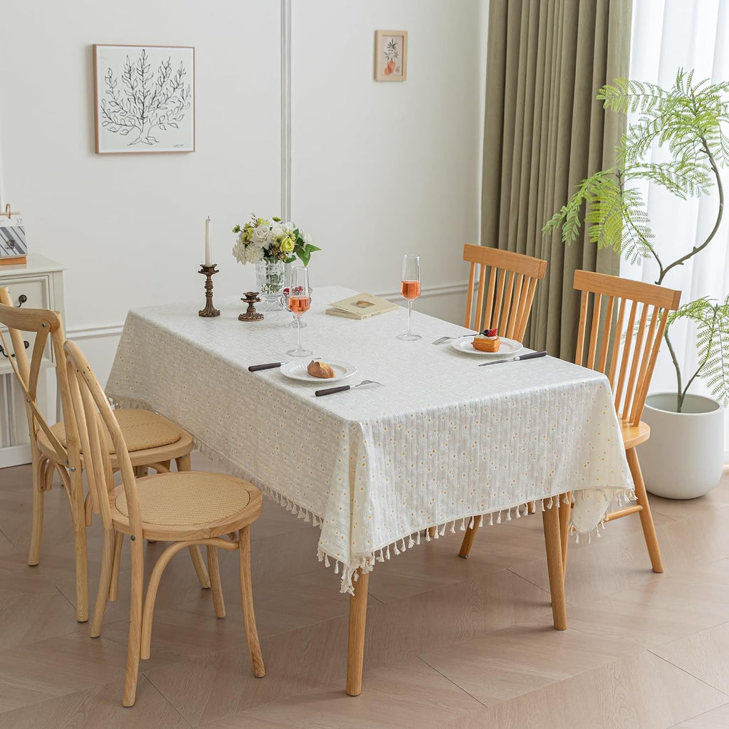 Rectangle Tablecloths Rectangular Cotton Fabric Waterproof Table Cloth Rectangle Table for 6 Foot Farmhouse Outdoor Oil Proof Printed Daisy Floral Tablecloths 55x70inch,4-6 Seats,Beige