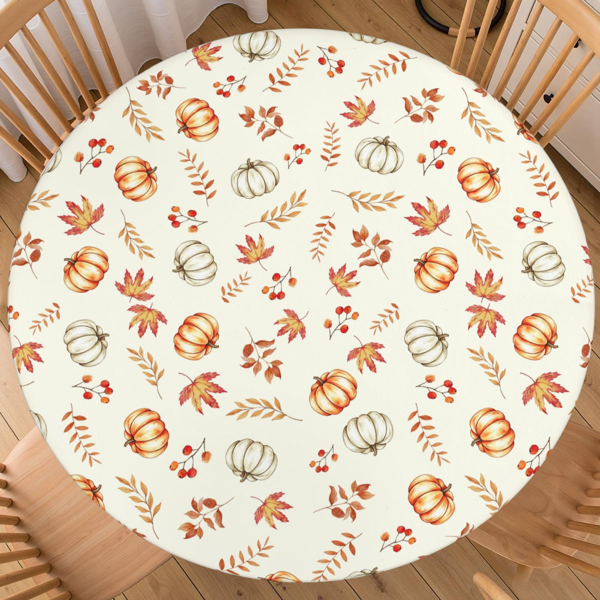 Fall Maple Leaves Round Fitted Tablecloth 40-44 inch, Autumn Leaf Berry Thanksgiving Table Cloth Elastic Edge,Vintage Farmhouse Table Cover Waterproof Washable, Picnic Camping Dining Party Decor