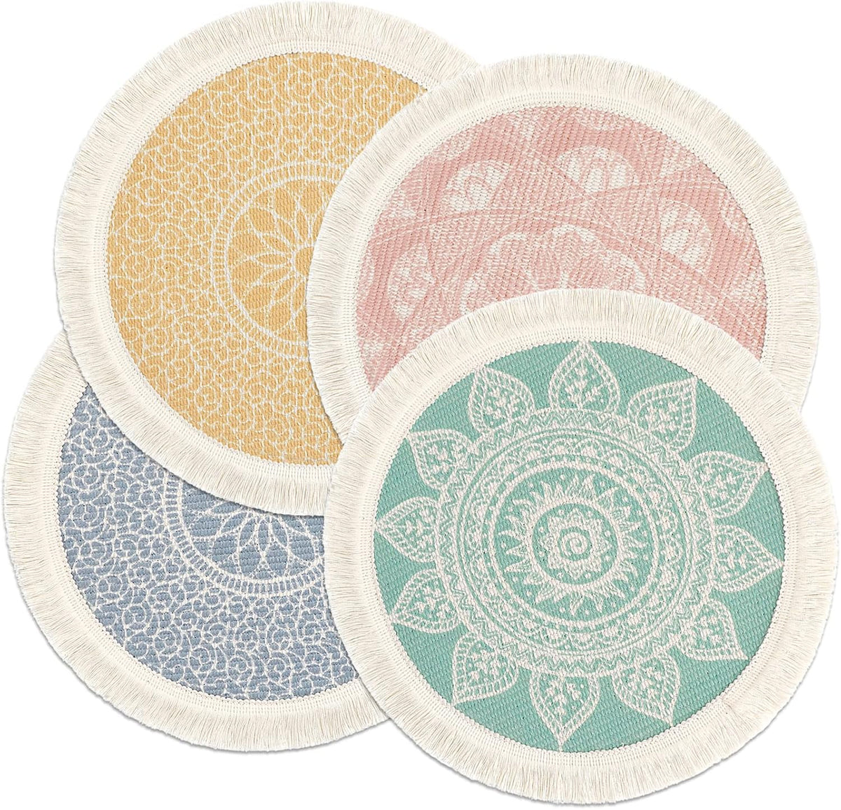 Set of 4 Round Placemats 13 Inch Cotton Woven Mandala Tassels Table Mats