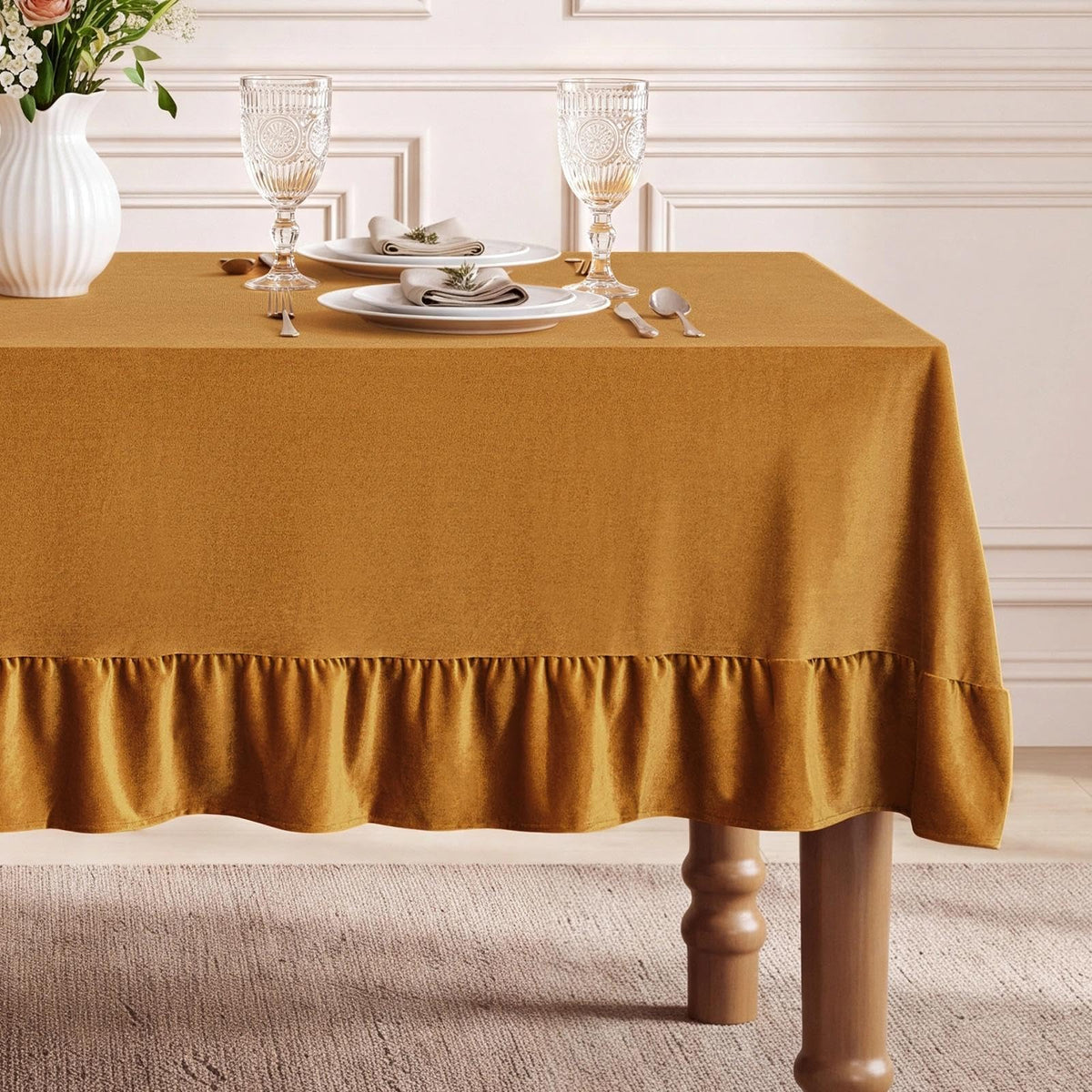 Romanstile Velvet Ruffle Rectangle Tablecloth, 60 x 84 Inch Olive Green
