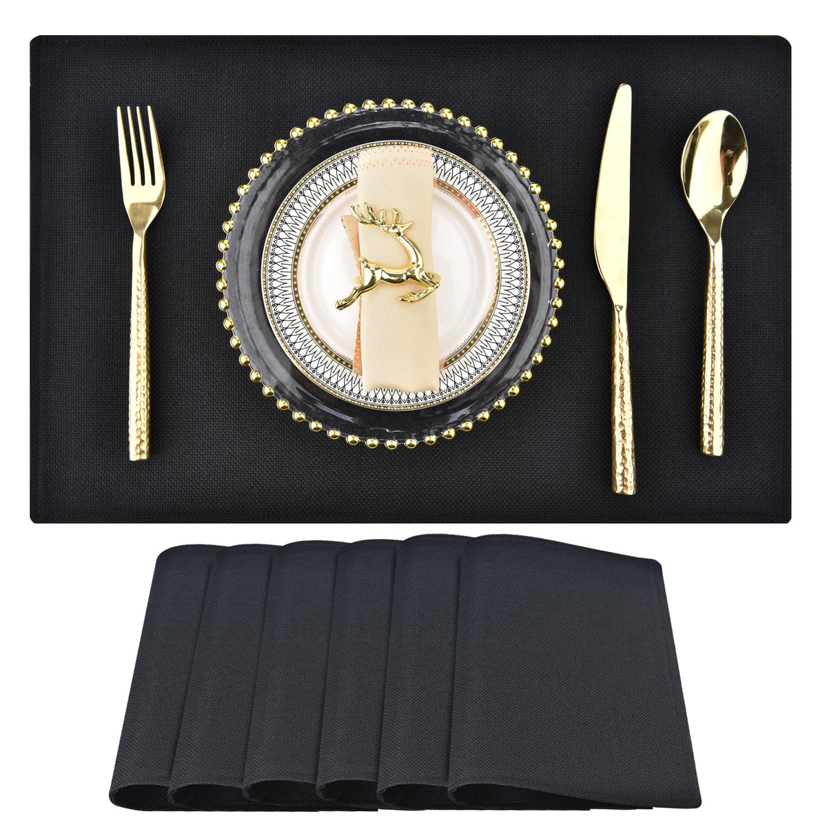 SLKQG Beige Faux Cotton Linen Placemats Set of 6, Heat Resistant Washable Double Layer Cloth Place Mats for Dining Table, Wrinkle Resistant Linen Textured Farmhouse Kitchen Decor（6，Beige）