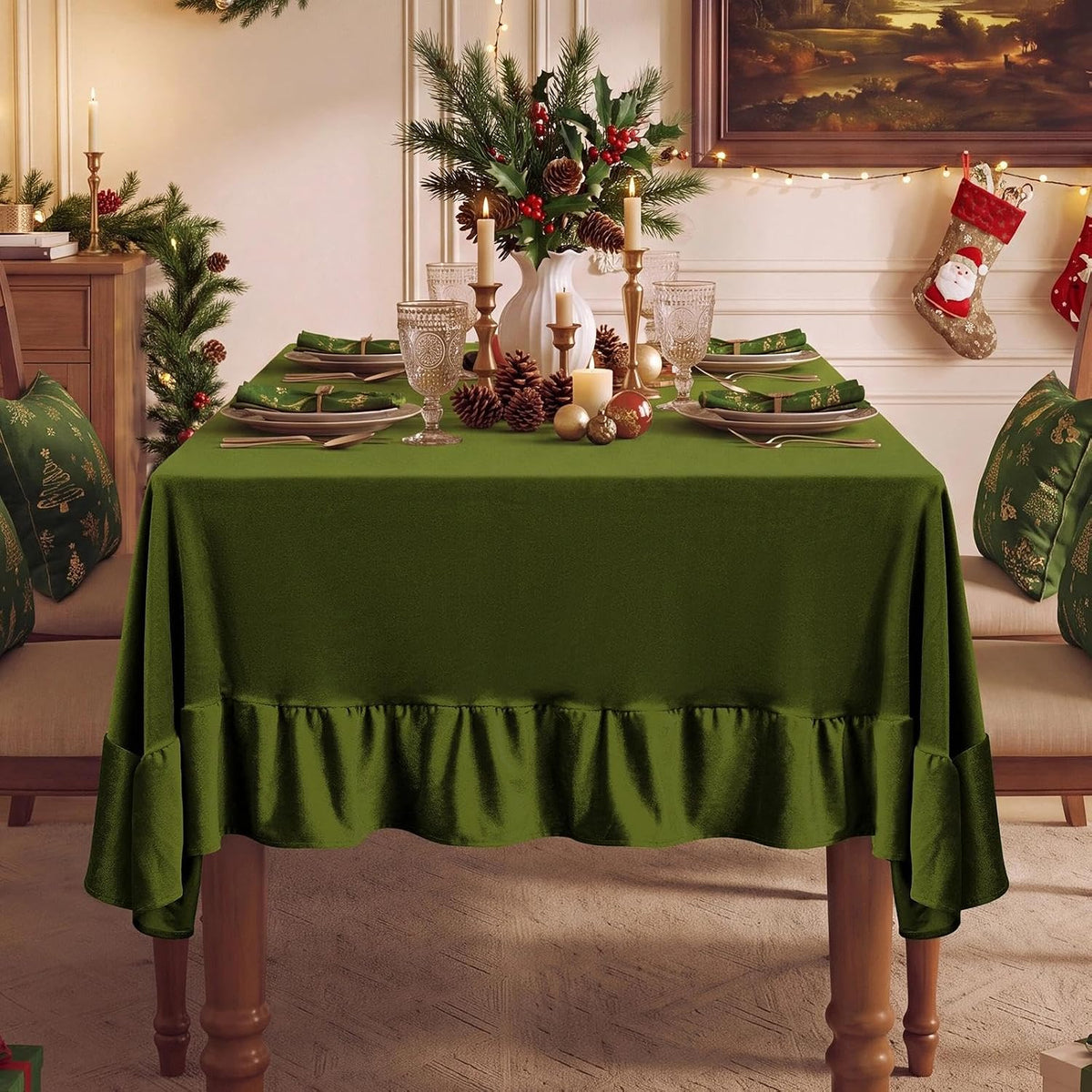 Romanstile Velvet Ruffle Rectangle Tablecloth, 60 x 84 Inch Olive Green
