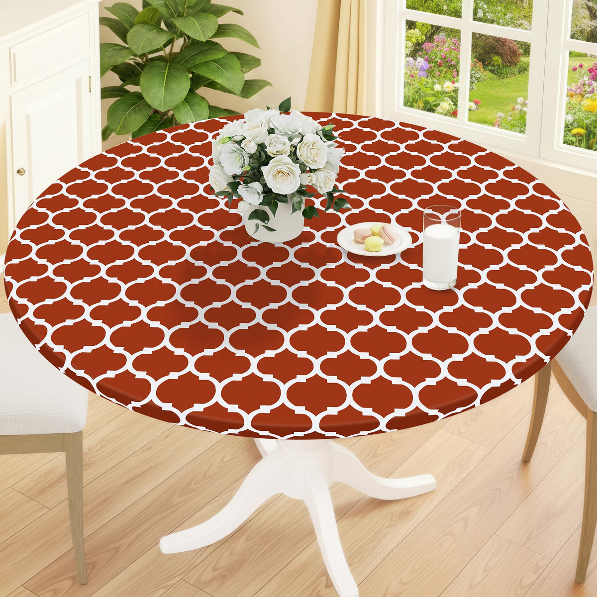 Smiry Round Picnic Tablecloth, Waterproof Elastic Fitted Table Covers for 45" - 56" Tables, Wipeable Flannel Backed Vinyl Tablecloths for Camping, Indoor, Outdoor, Brown