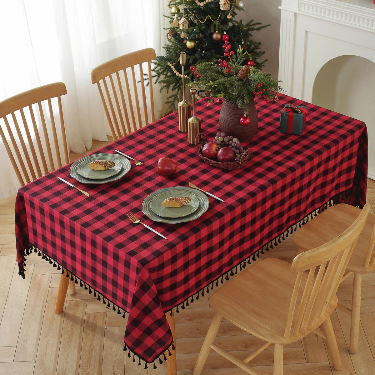 Alsoo Pink Gingham Tablecloth Rectangle 55 x 75 Inch, Washable Checkered Plaid Table Cloth Heavy Duty Linen Cotton Fabric for Mothers Day Outdoor Picnic Party Freshly Graduated