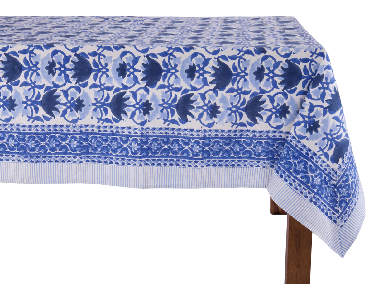 ATOSII Cotton Blockprint Rectangle Table Cloth, Clover Blue, 108" X 60"