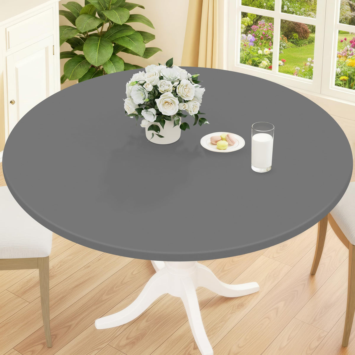 Smiry Round Picnic Tablecloth, Waterproof Elastic Fitted Table Covers for 45" - 56" Tables, Wipeable Flannel Backed Vinyl Tablecloths for Camping, Indoor, Outdoor, Brown