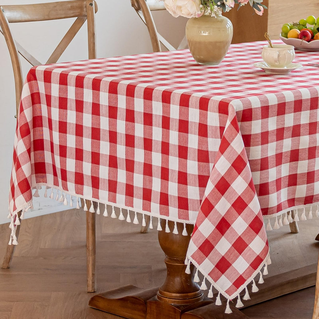 Alsoo Pink Gingham Tablecloth Rectangle 55 x 75 Inch, Washable Checkered Plaid Table Cloth Heavy Duty Linen Cotton Fabric for Mothers Day Outdoor Picnic Party Freshly Graduated