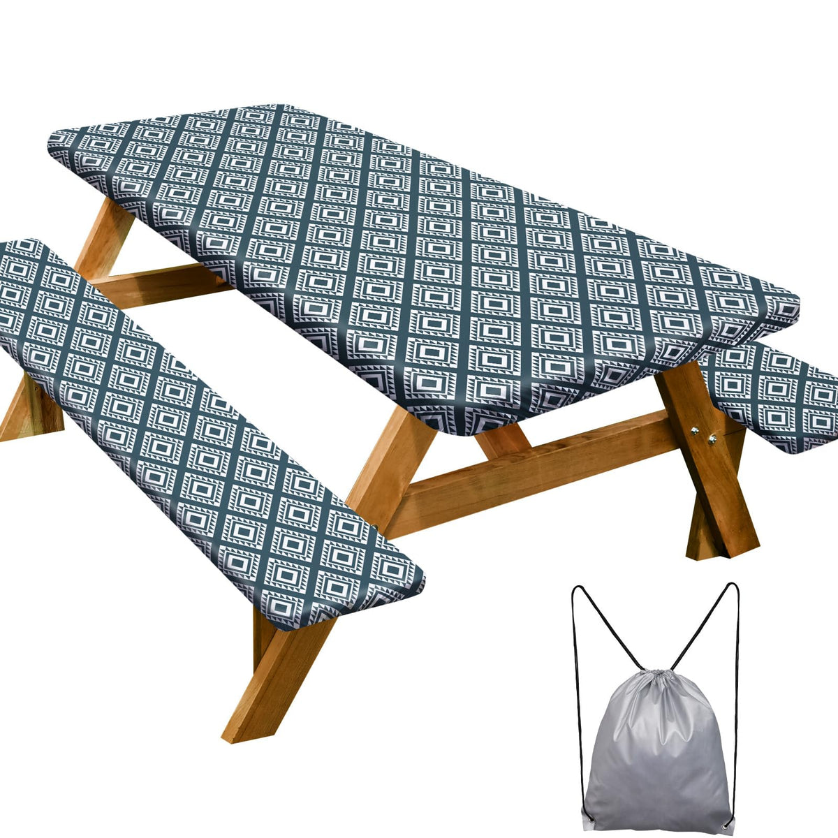 Picnic Table Cover with Bench Covers Camping Essentials Waterproof Windproof Camping Tablecloth with Drawstring Bag, Fitted Rectangle Tables and Seats, 72in, Bohemian