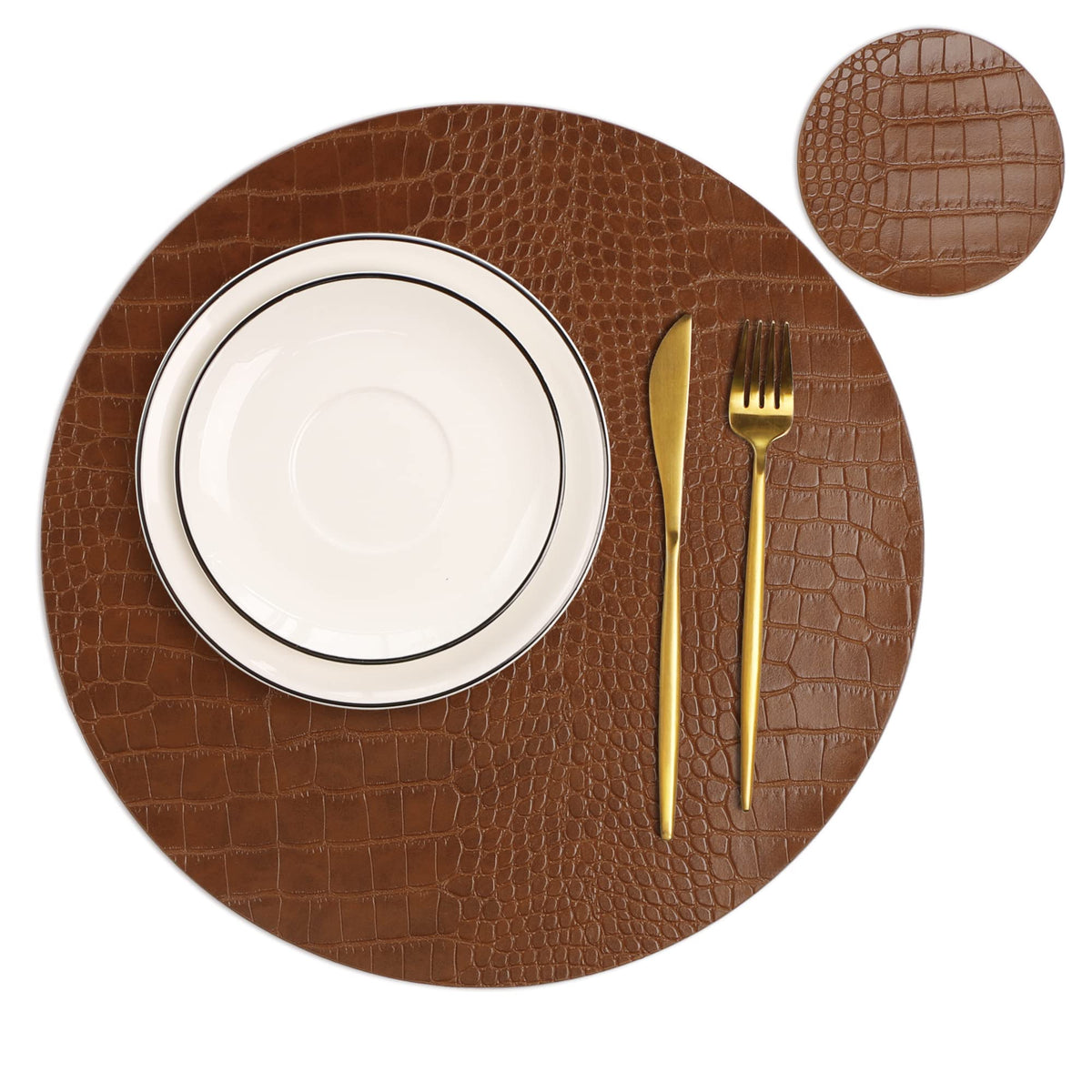 Round Leather Placemats for Round Tables Set of 4, Black Place Mats and Coasters, Washable Easy to Care for Indoor Decor 13" Diameter