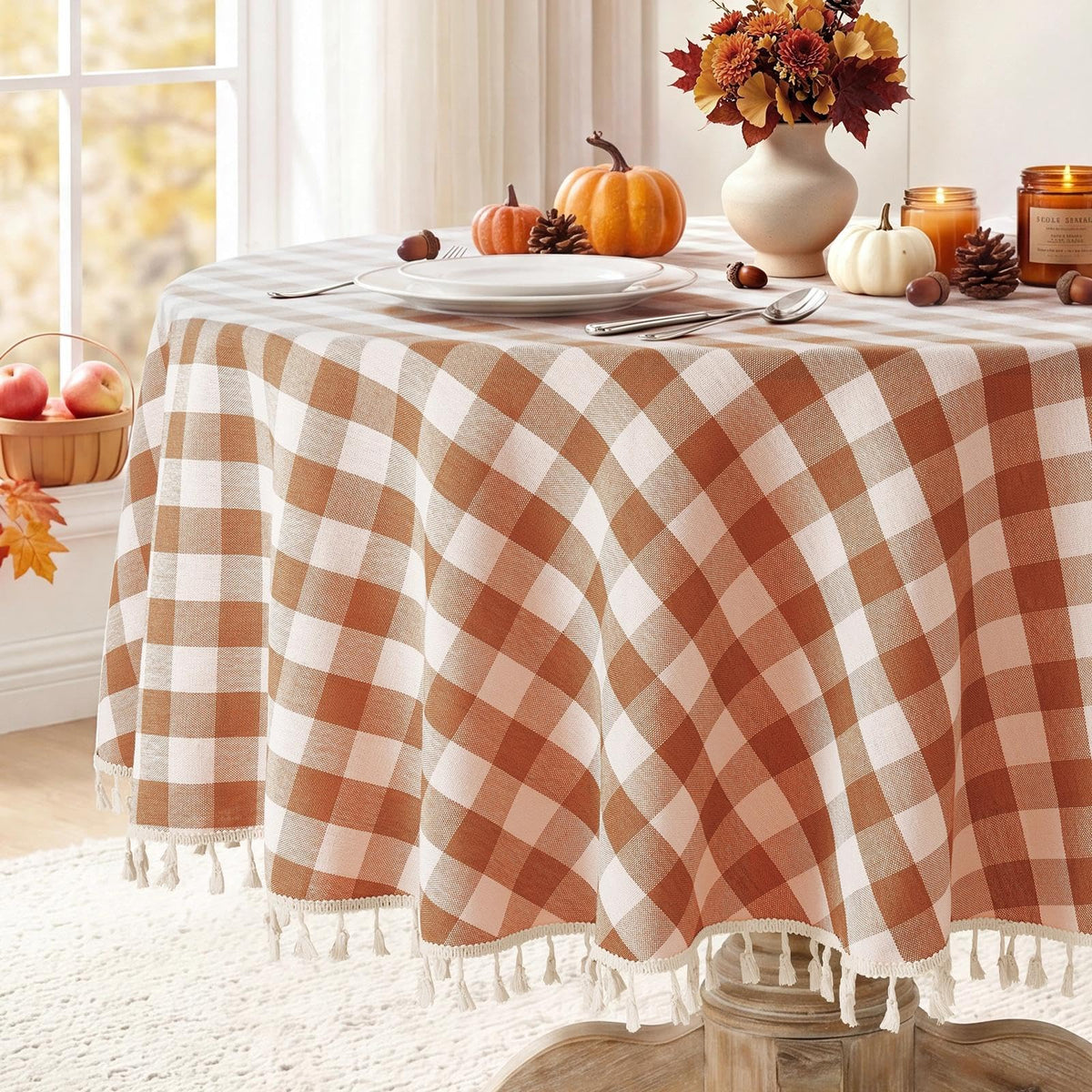 Romanstile Gingham Tassel Tablecloth Rectangle - 55 x 70 Inch, Sage Green