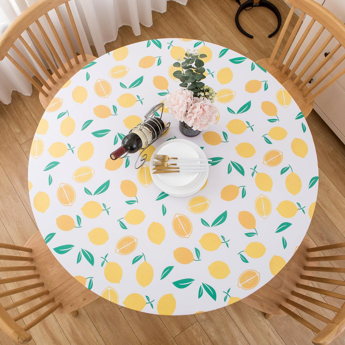 Pioggia Round Vinyl Fitted Tablecloth with Flannel Backing Elastic Table Cloth Waterproof Oil-Proof Plastic Table Cover Best for 37"-44" Round
