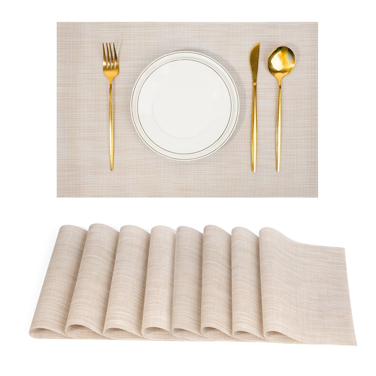 Placemats Set of 8，Non-Slip PVC Weave Table Mats Easy to Clean，Heat Resistant Place Mats for Kitchen Dining Table Decoration Indoor Outdoor，Beige