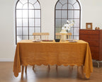 100% French Flax Linen Scalloped Embroidery Rectangle Tablecloths 120Lx60W Inch for Dinners, Parties, Spring, Machine Washable, 10-12 Sets, 60''x120'', Linen(Edges-Gold)