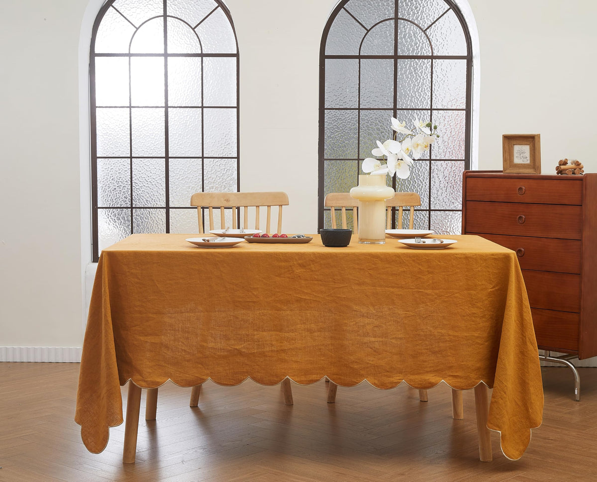 100% French Flax Linen Scalloped Embroidery Rectangle Tablecloths 120Lx60W Inch for Dinners, Parties, Spring, Machine Washable, 10-12 Sets, 60''x120'', Linen(Edges-Gold)