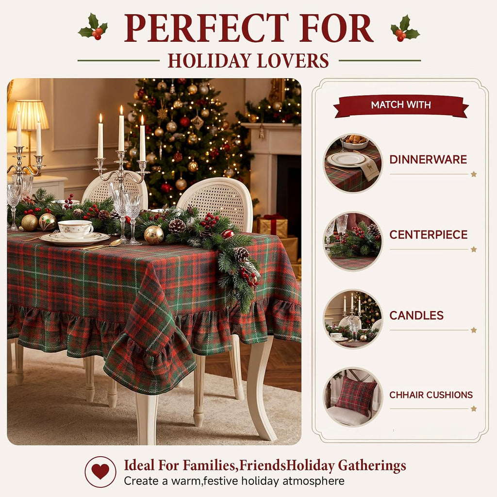 Mindsoft Christmas Plaid Tablecloth with Ruffel, Rectangle Red Green Checkered Table Cover, 52 x 70 Inch, Cotton Polyester Blend Tablecloth for Xmas Winter Holiday Party Kitchen Dining Decor (Red)