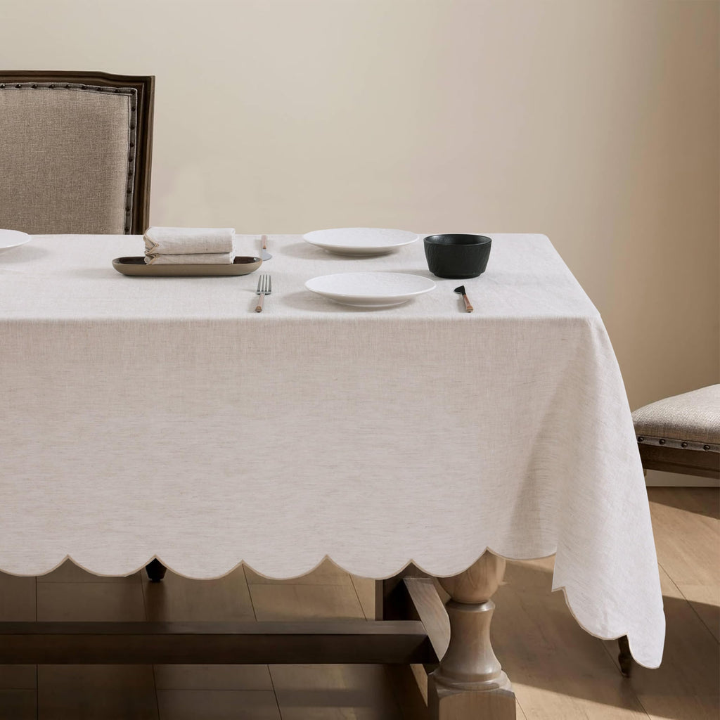 100% French Flax Linen Scalloped Embroidery Rectangle Tablecloths 120Lx60W Inch for Dinners, Parties, Spring, Machine Washable, 10-12 Sets, 60''x120'', Linen(Edges-Gold)