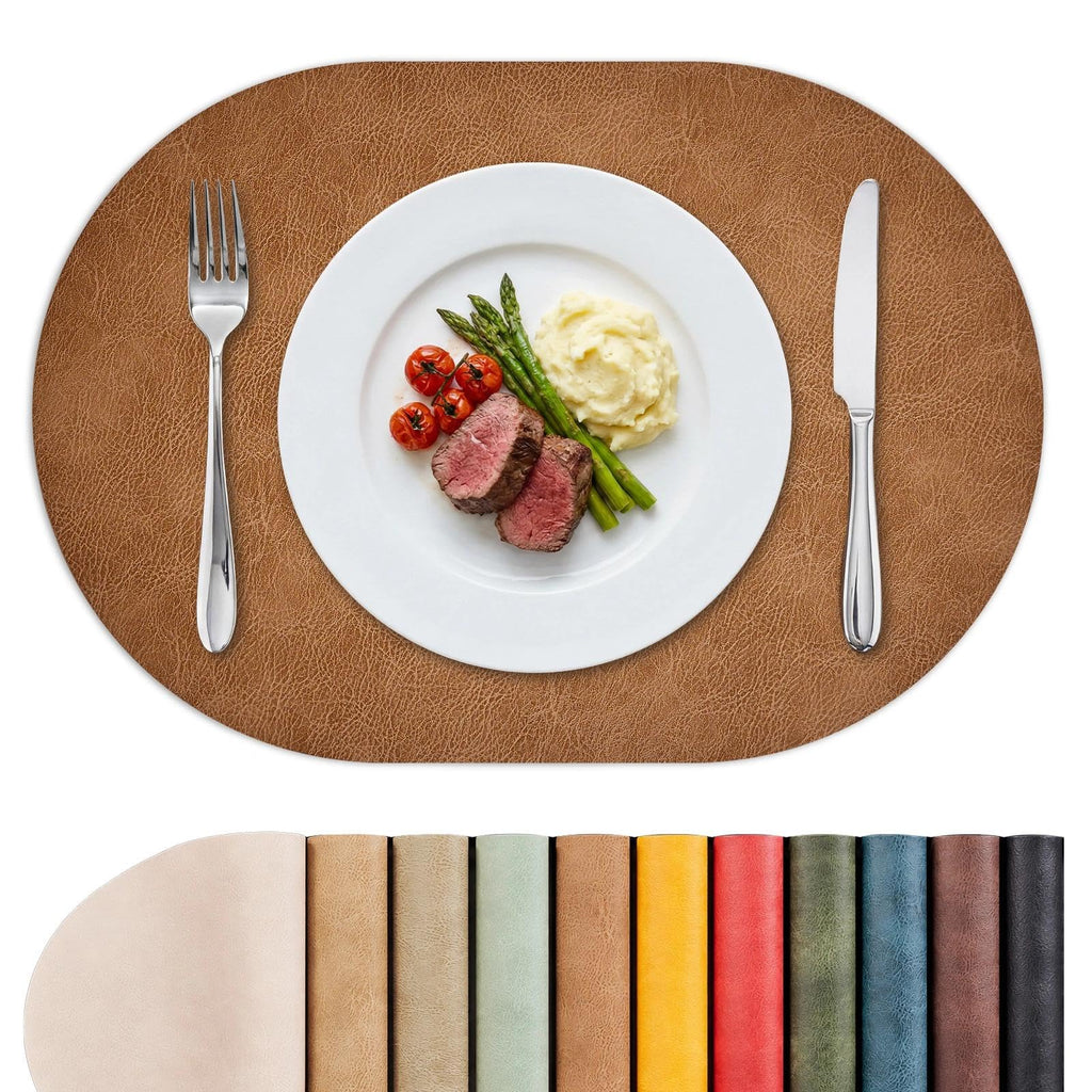 MOSAYT Vinyl Faux Leather Oval Placemats, Set of 6, Reddish Brown