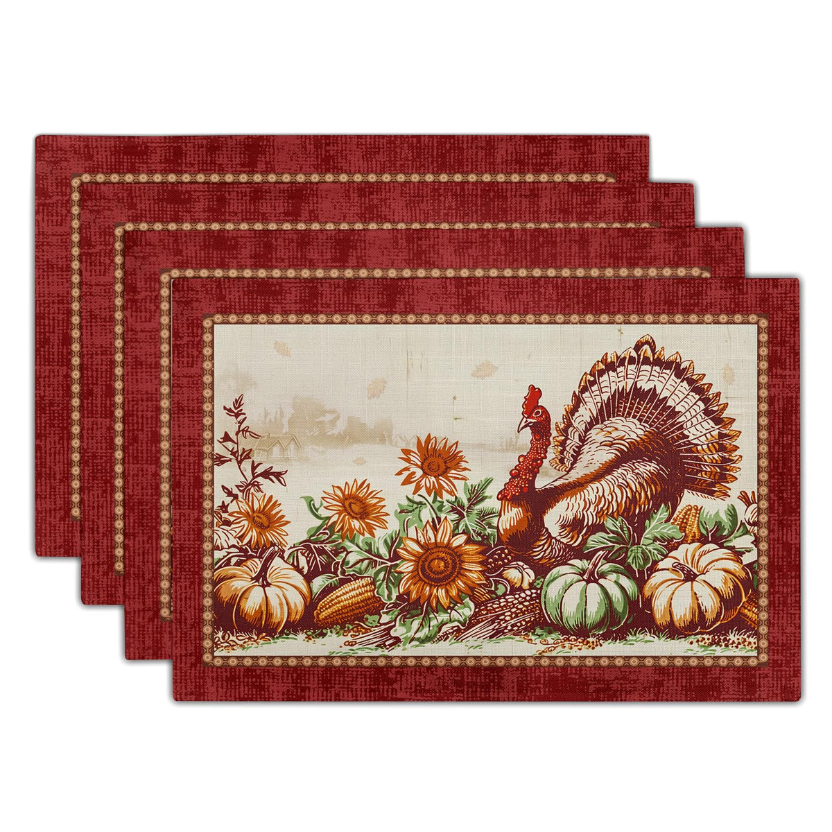 Giwawa Boho Ethnic Placemats Set of 4 Vintage Orange Brown Retro Flower Decorative Linen Table Place Mats 12"x18" Rustic Country Style Floral Place Mats Heat Resistance for Kitchen Dining Farmhouse
