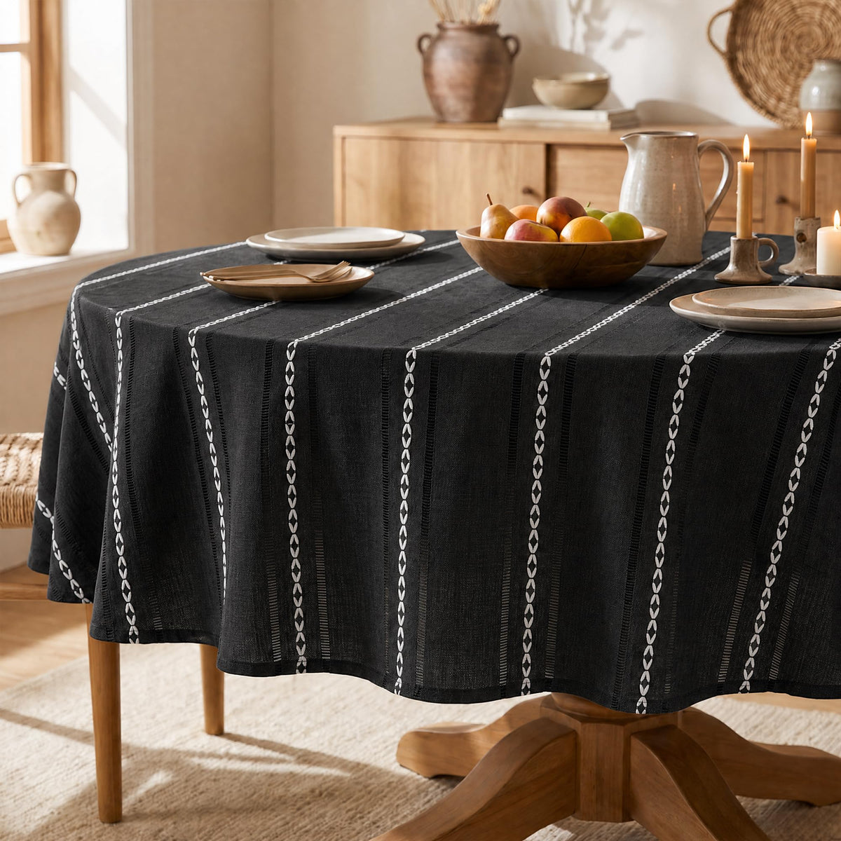 Horaldaily Light Coffee Round Tablecloth, 60×60 Inch, Farmhouse Style