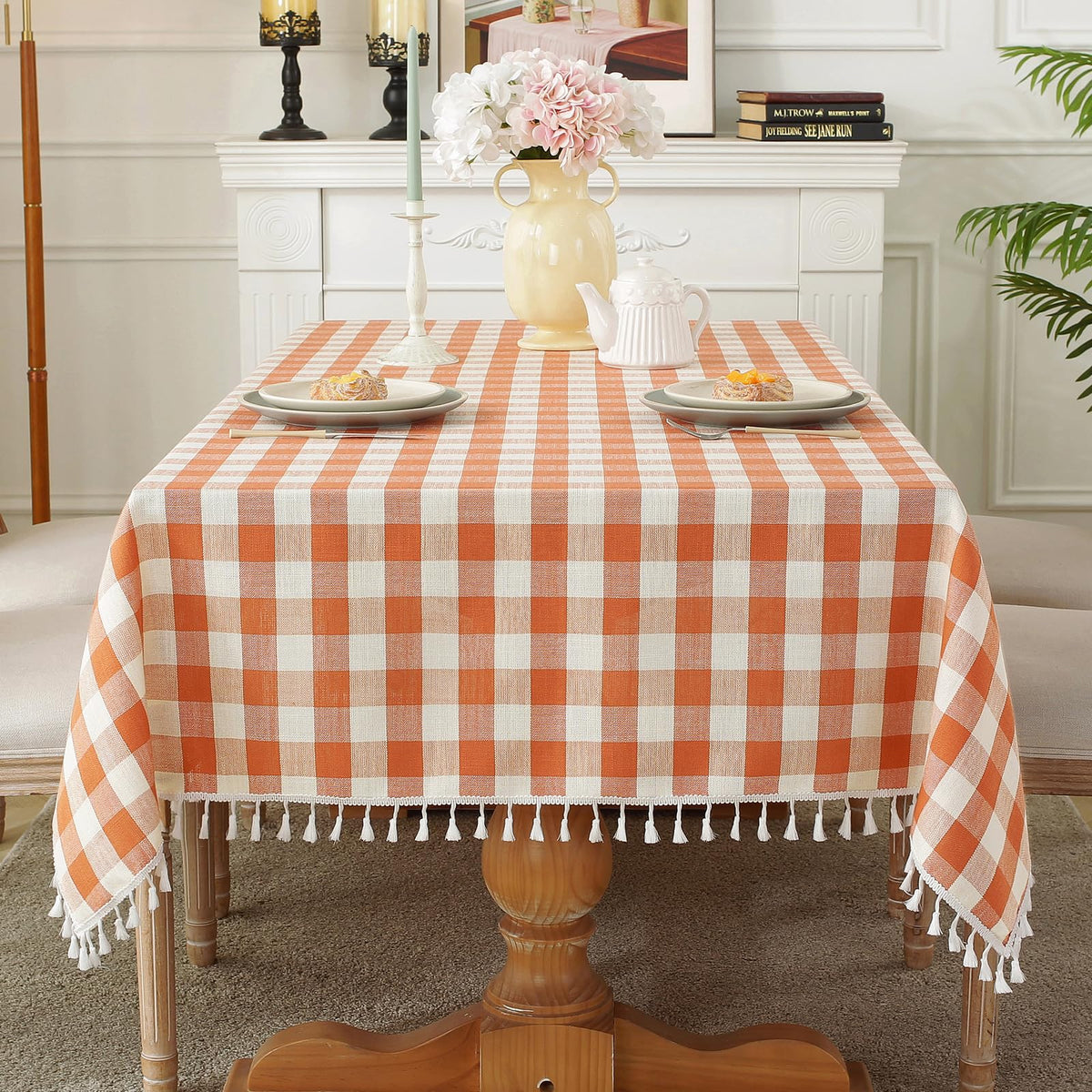 Alsoo Pink Gingham Tablecloth Rectangle 55 x 75 Inch, Washable Checkered Plaid Table Cloth Heavy Duty Linen Cotton Fabric for Mothers Day Outdoor Picnic Party Freshly Graduated