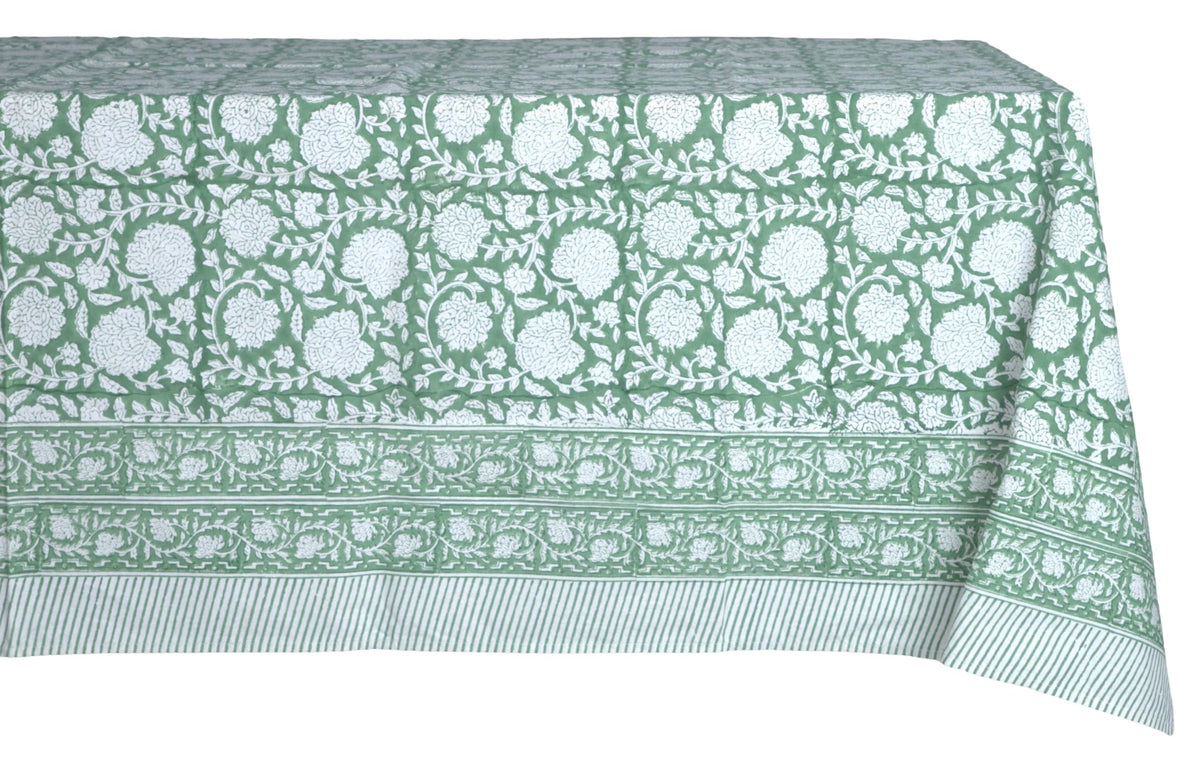 ATOSII Cotton Blockprint Rectangle Table Cloth, Clover Blue, 108" X 60"