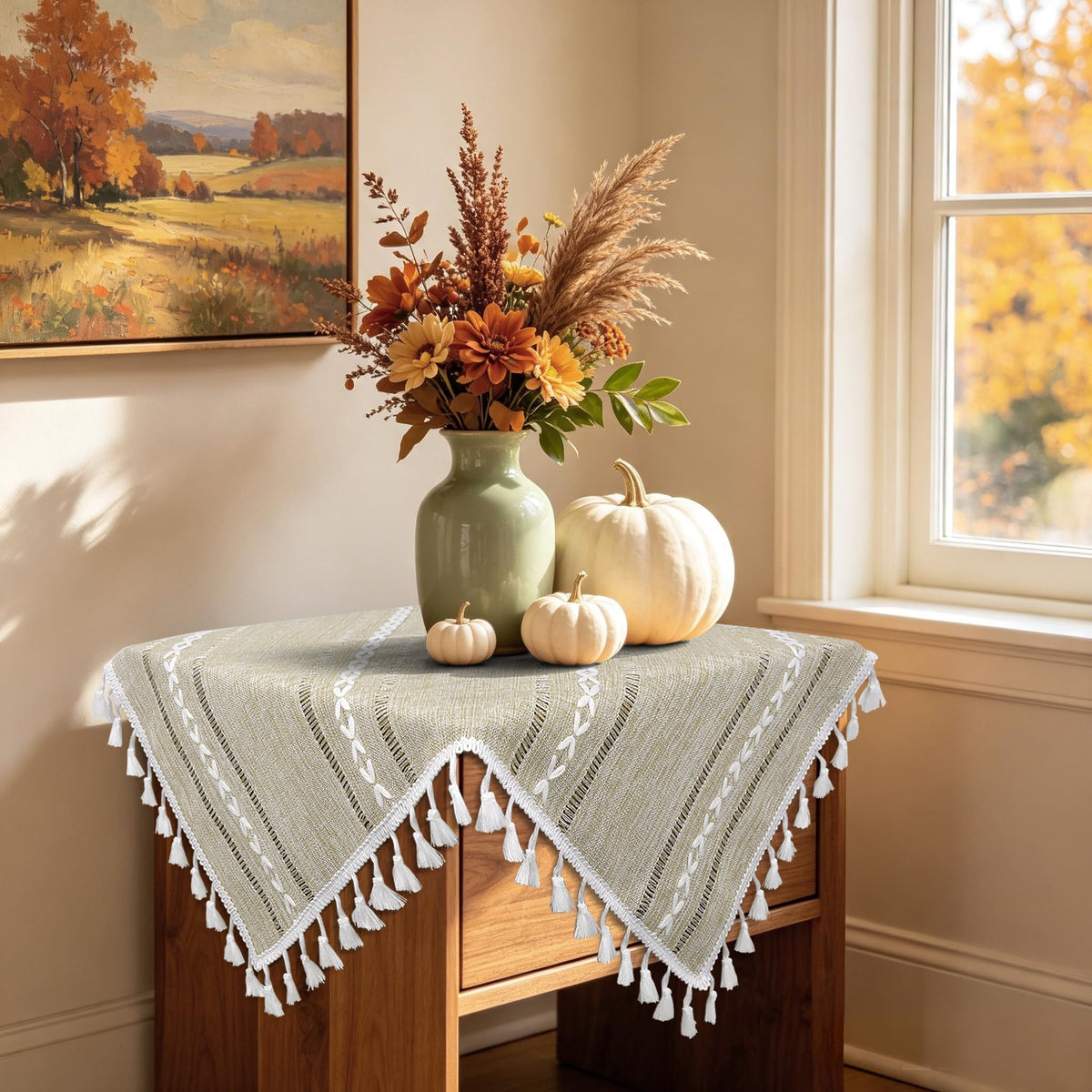 Boho Small Square Tablecloth 36''x36'', Sage Green Linen Coffee Table Cover, Spring Nightstand Cover Top, End Bedside Table Cloth Runner, Coastal Rustic Farmhouse Summer Home Decor