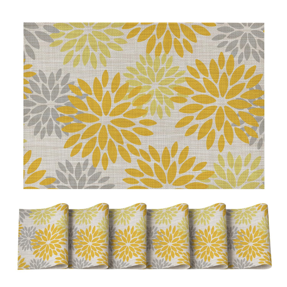 Artoid Mode Floral Vinyl Plistic Placemats Set of 6, Heat Resistant Washable Non-Slip PVC Place Mats for Party Kitchen Dining Decor, Blue Grey