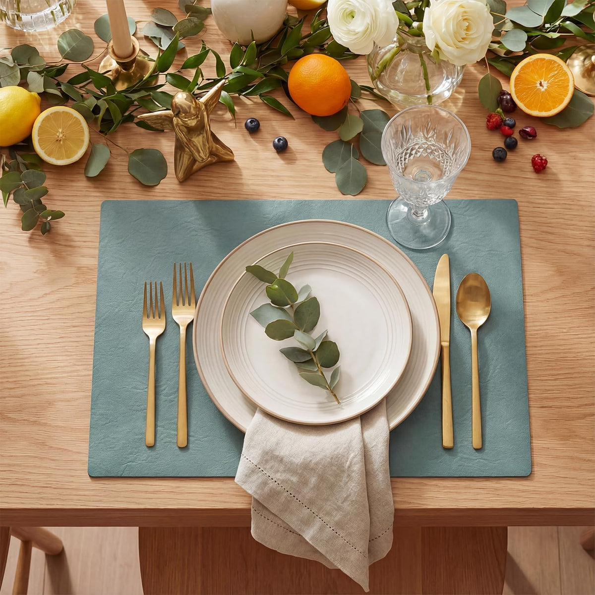 Artoid Mode Olive Green Faux Leather Placemats Set of 6, 12x18 Inch Waterproof Wipeable Heat Resistant Vinyl Place Mats, Reversible Table Mats for Kitchen Dining Decor