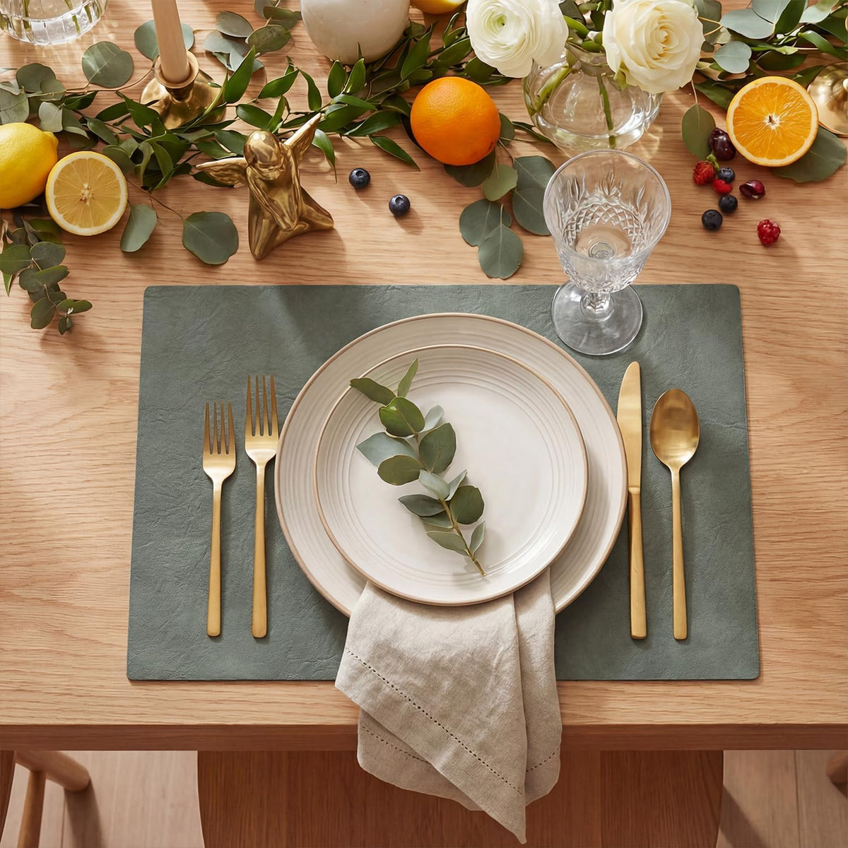 Artoid Mode Olive Green Faux Leather Placemats Set of 6, 12x18 Inch Waterproof Wipeable Heat Resistant Vinyl Place Mats, Reversible Table Mats for Kitchen Dining Decor