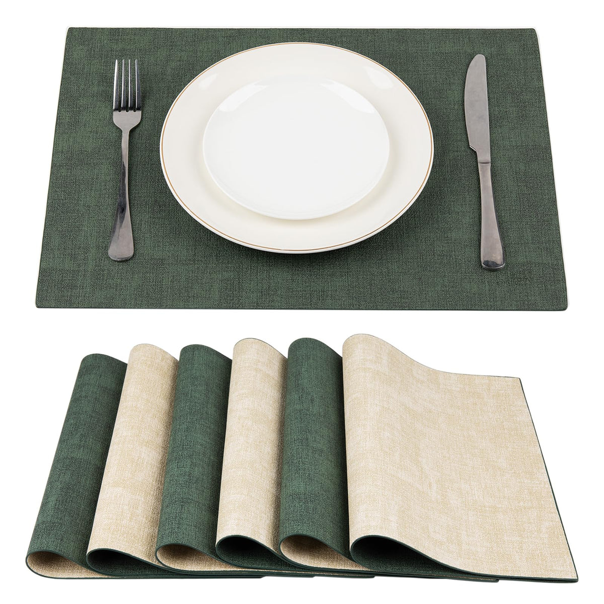 SUEH DESIGN Leather Placemats Table Mats Set of 6, Light Grey & Smoky Grey